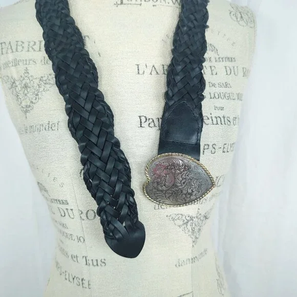 Vintage Heart Conch Belt Small Black Weave Leather